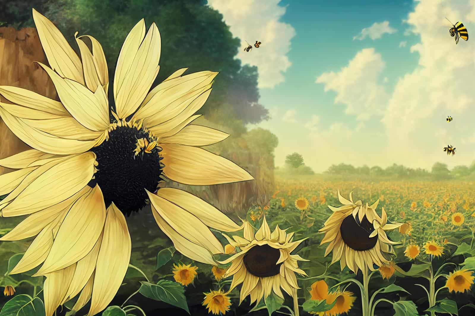 Bee over the sunflower. High quality 2d illustration.